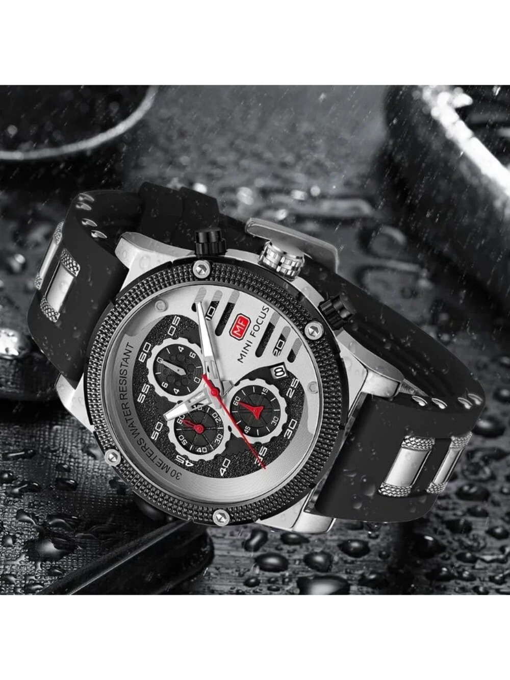 Men's Silver Black Chronograph Waterproof Sport Military Analog Quartz Watch